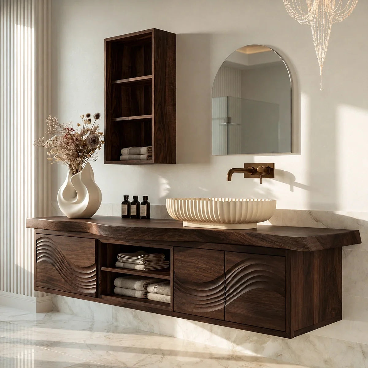 Natural Solid Wood Bathroom Vanity with Sculptural Wave Doors – Rustic - Arboriswood - 10