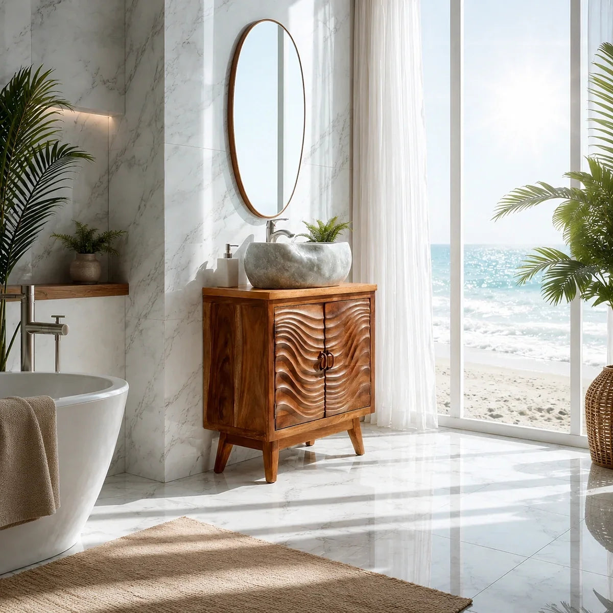 Natural Solid Wood Bathroom Vanity with Wave-Carved Cabinet Doors – Rustic - Arboriswood - 2