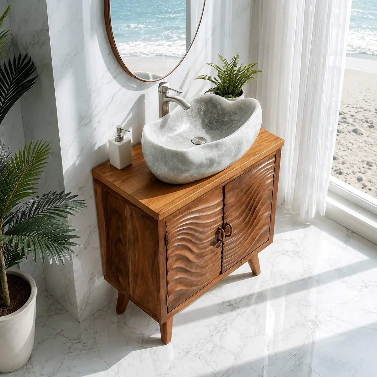 Natural Solid Wood Bathroom Vanity with Wave-Carved Cabinet Doors – Rustic - Arboriswood - 4