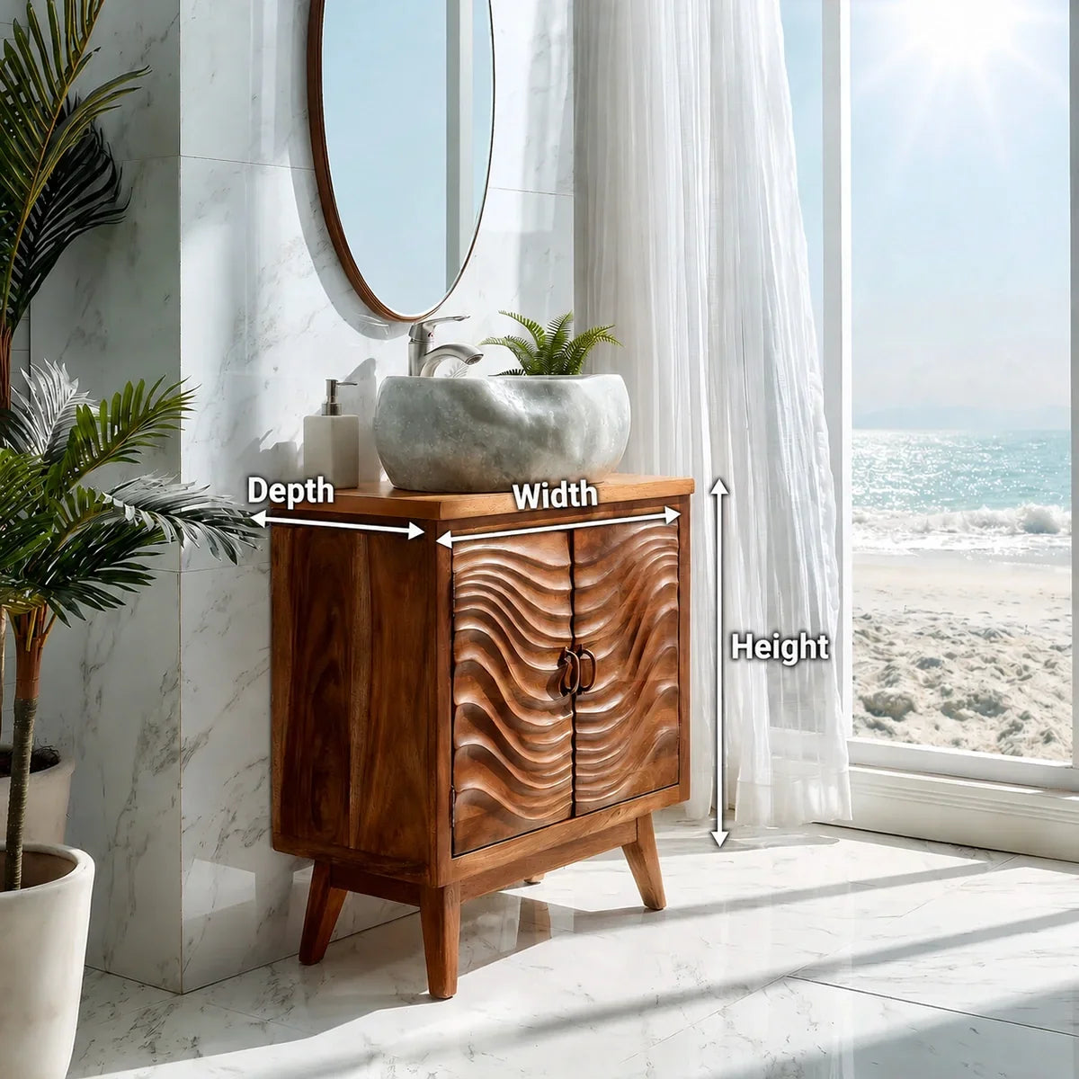 Natural Solid Wood Bathroom Vanity with Wave-Carved Cabinet Doors – Rustic - Arboriswood - 5