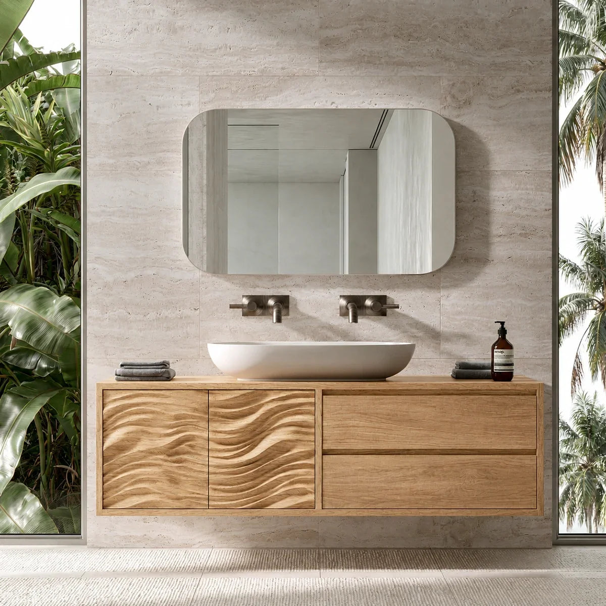Natural Solid Wood Bathroom Vanity with Wave-Carved Doors – Scandinavian - Arboriswood - 9