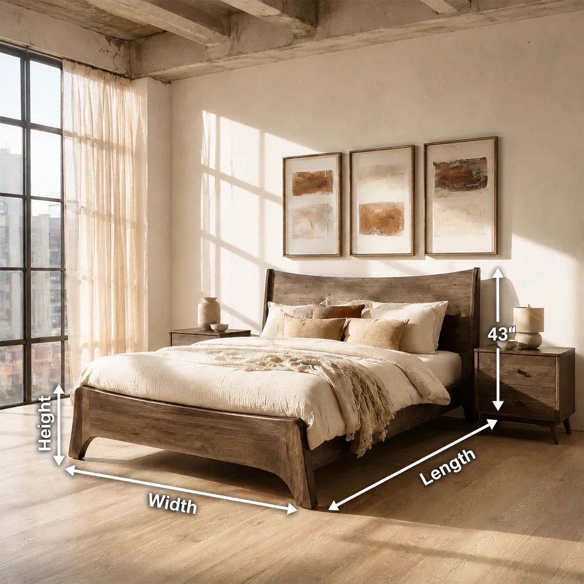 Natural Solid Wood Bed Frame With Broad Curved Headboard and Loft Presence - ArborisWood - 11
