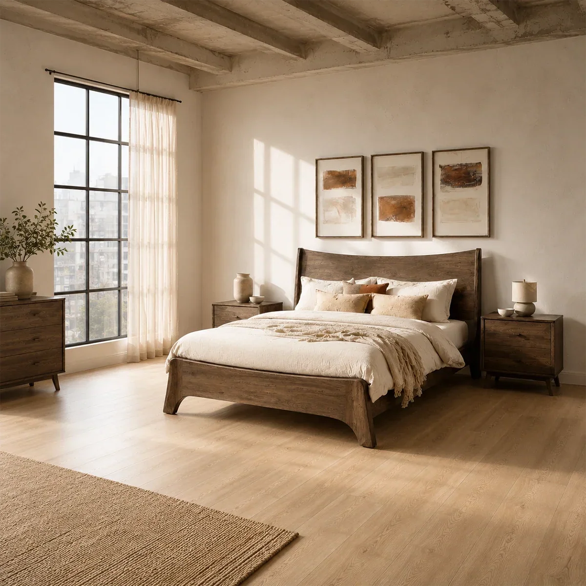 Natural Solid Wood Bed Frame With Broad Curved Headboard and Loft Presence - ArborisWood - 2