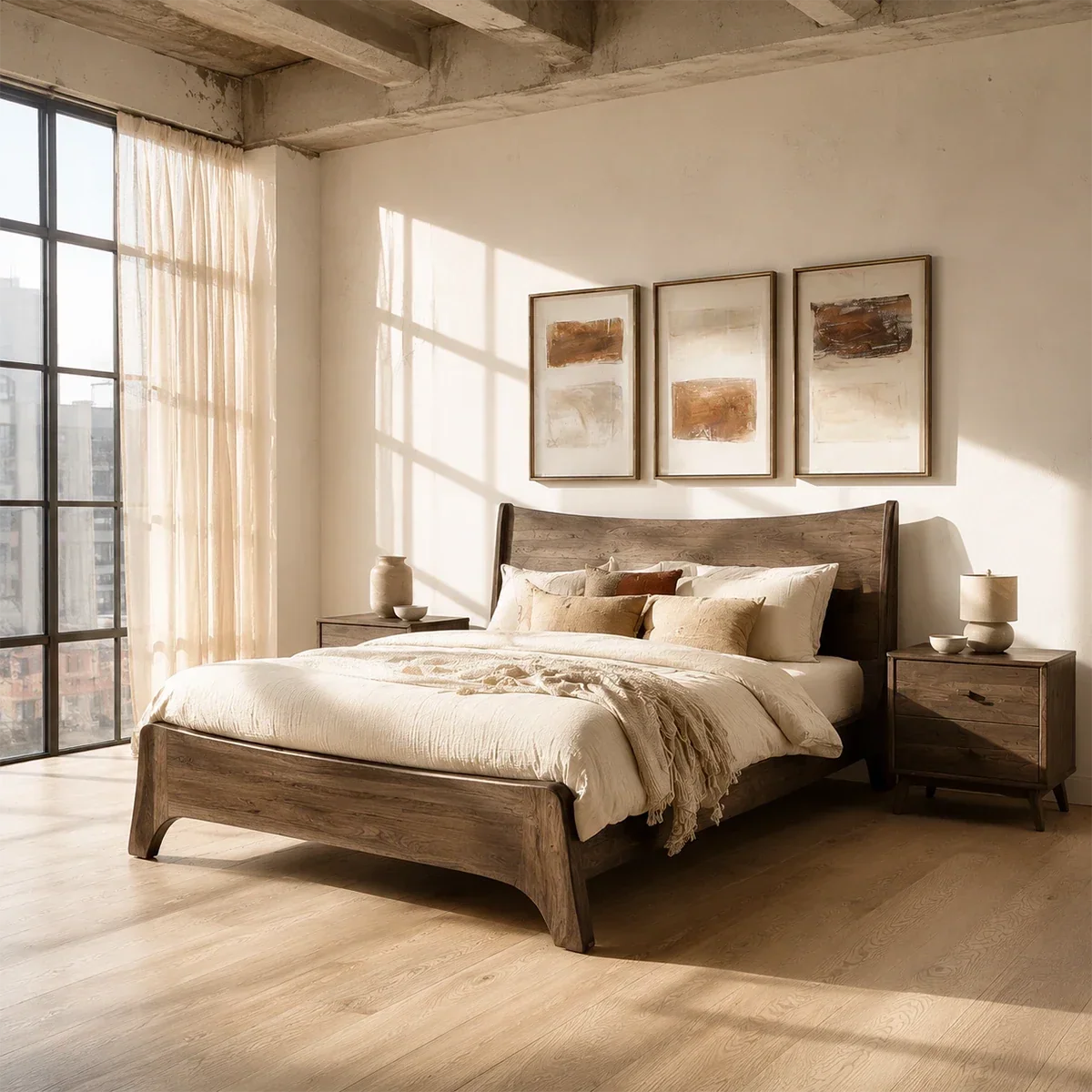 Natural Solid Wood Bed Frame With Broad Curved Headboard and Loft Presence - ArborisWood