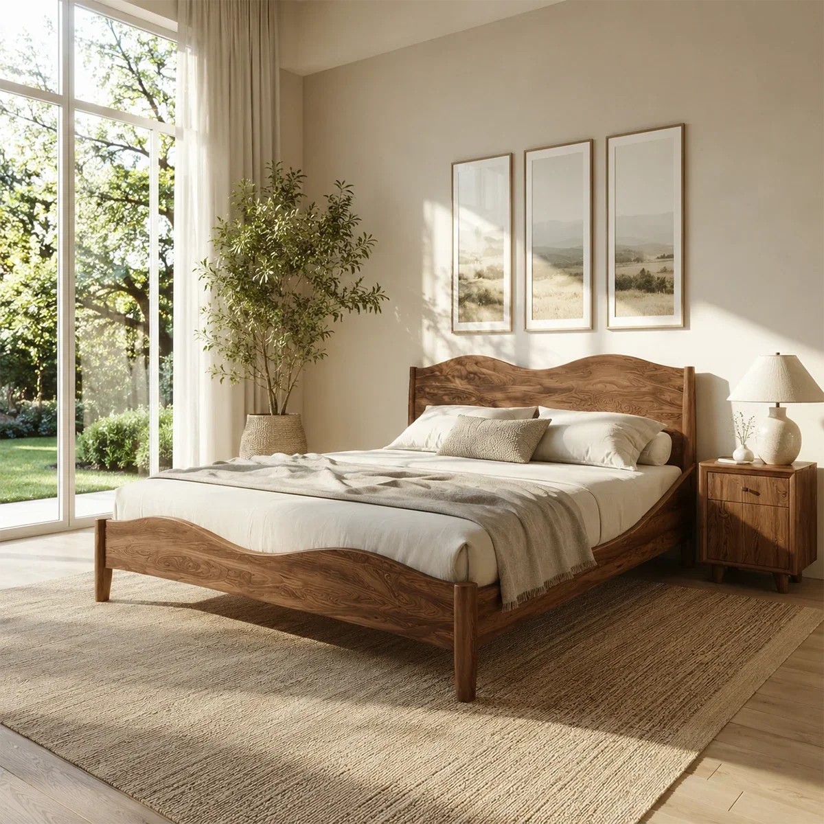 Natural Solid Wood Bed Frame With Curved Headboard and Sculptural Flow - ArborisWood - 9