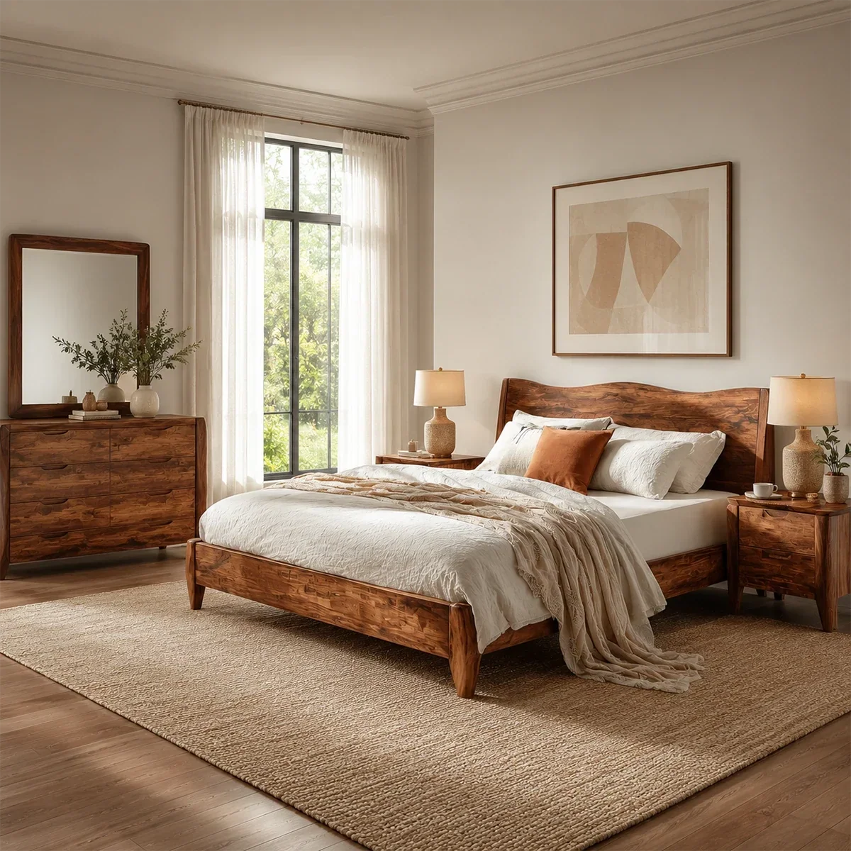 Natural Solid Wood Bed Frame With Garden View Headboard and Tapered Legs - ArborisWood - 10