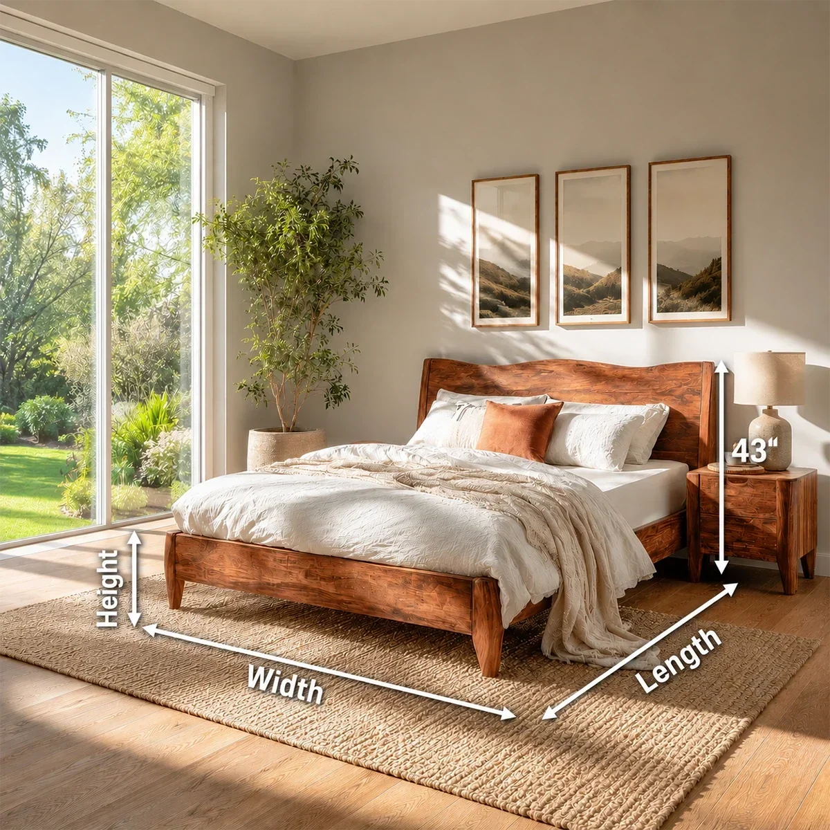 Natural Solid Wood Bed Frame With Garden View Headboard and Tapered Legs - ArborisWood - 11