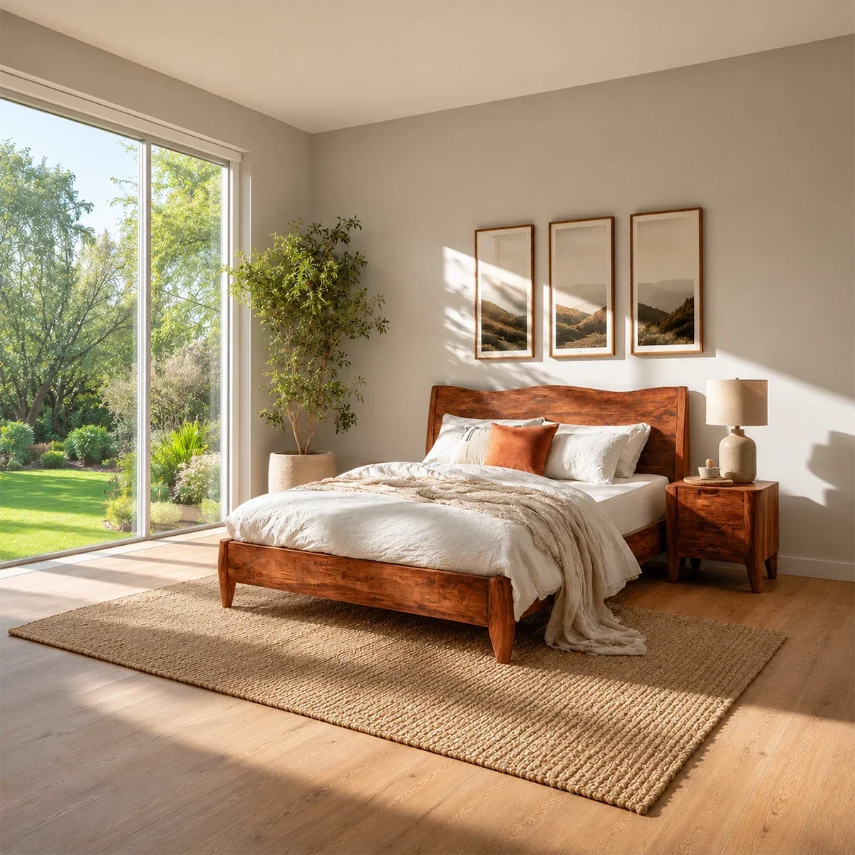 Natural Solid Wood Bed Frame With Garden View Headboard and Tapered Legs - ArborisWood - 2