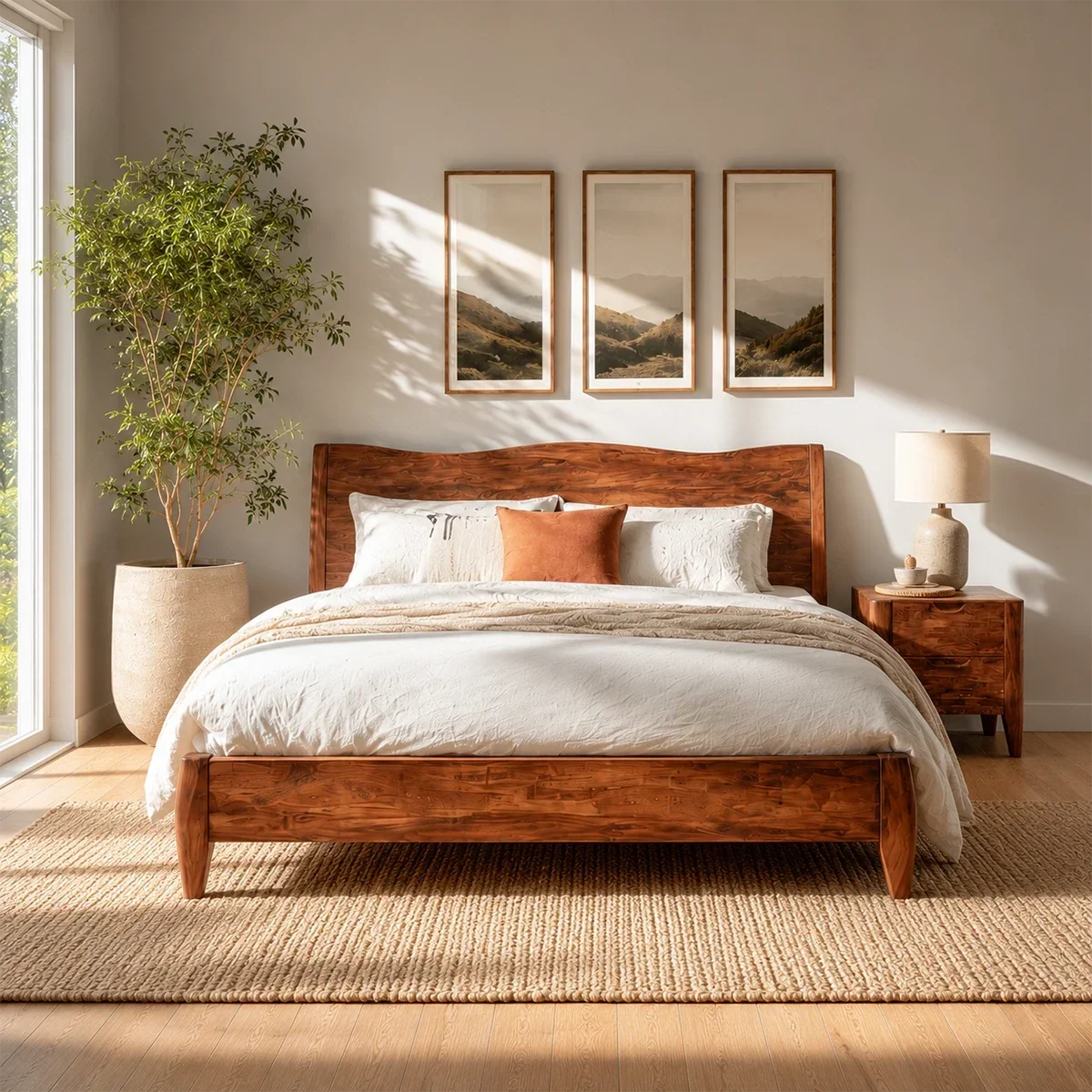Natural Solid Wood Bed Frame With Garden View Headboard and Tapered Legs - ArborisWood - 3