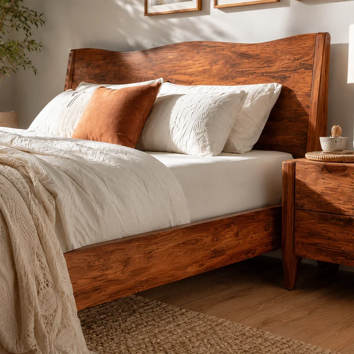 Natural Solid Wood Bed Frame With Garden View Headboard and Tapered Legs - ArborisWood - 4