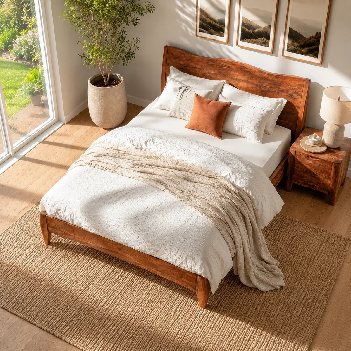 Natural Solid Wood Bed Frame With Garden View Headboard and Tapered Legs - ArborisWood - 5