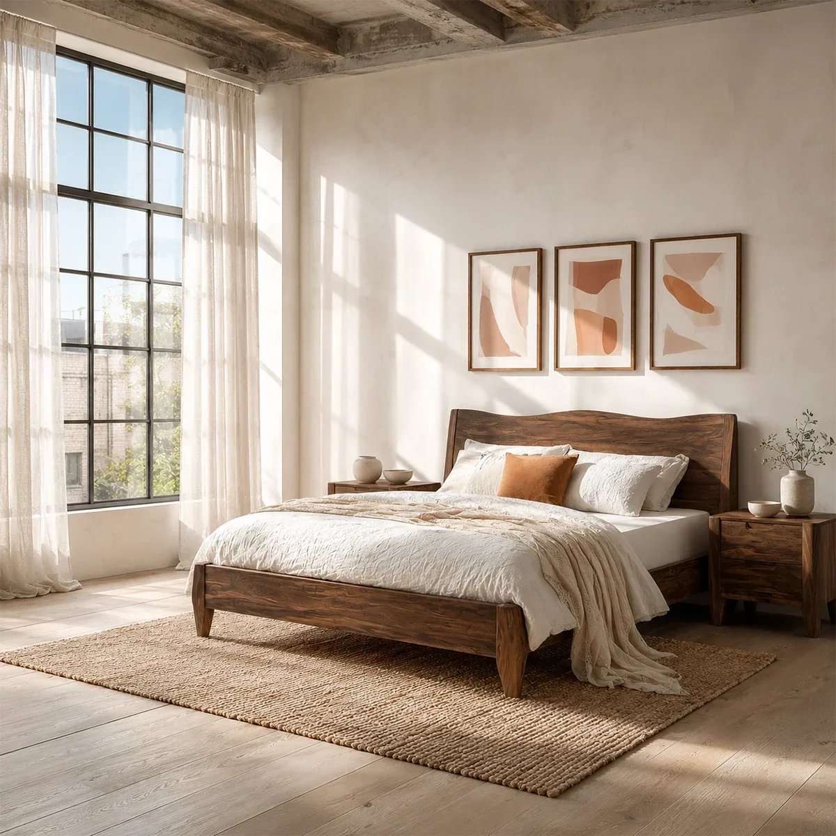 Natural Solid Wood Bed Frame With Garden View Headboard and Tapered Legs - ArborisWood - 6