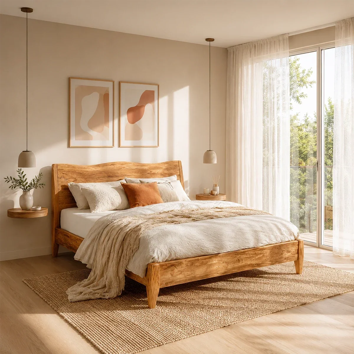 Natural Solid Wood Bed Frame With Garden View Headboard and Tapered Legs - ArborisWood - 7