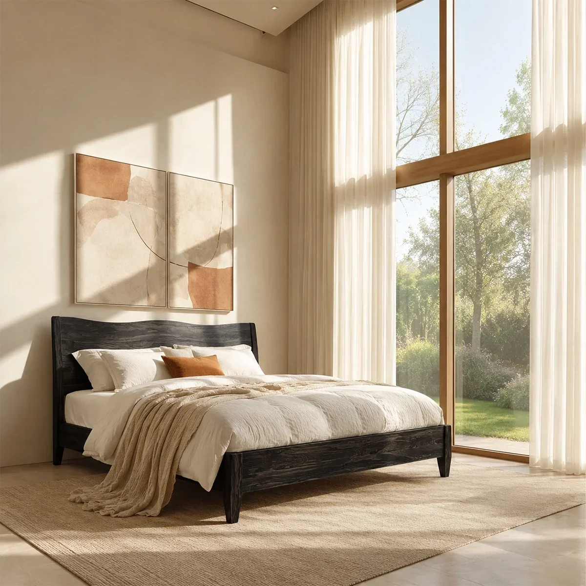 Natural Solid Wood Bed Frame With Garden View Headboard and Tapered Legs - ArborisWood - 8
