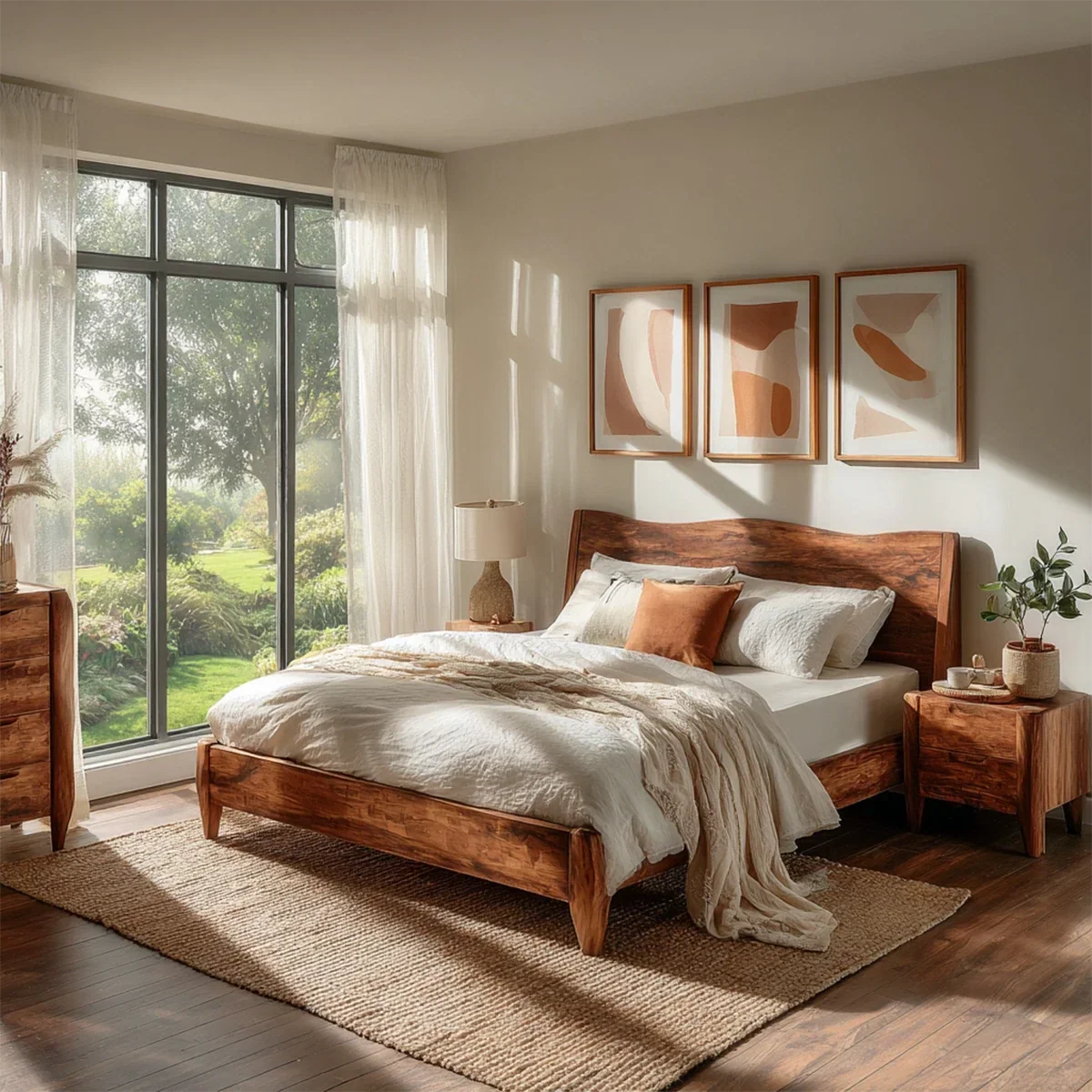 Natural Solid Wood Bed Frame With Garden View Headboard and Tapered Legs - ArborisWood - 9