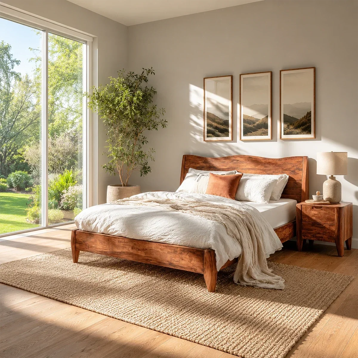 Natural Solid Wood Bed Frame With Garden View Headboard and Tapered Legs - ArborisWood
