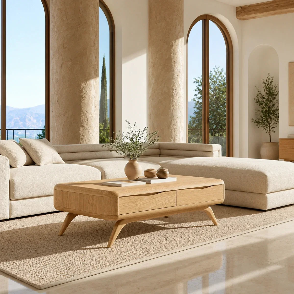 Natural Solid Wood Coffee Table with Curved Drawer Storage – Minimalist - Arboriswood - 1