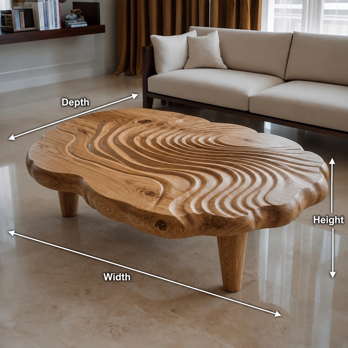 Natural Solid Wood Coffee Table with Organic Wave Carving – Wabi Sabi - Arboriswood - 6