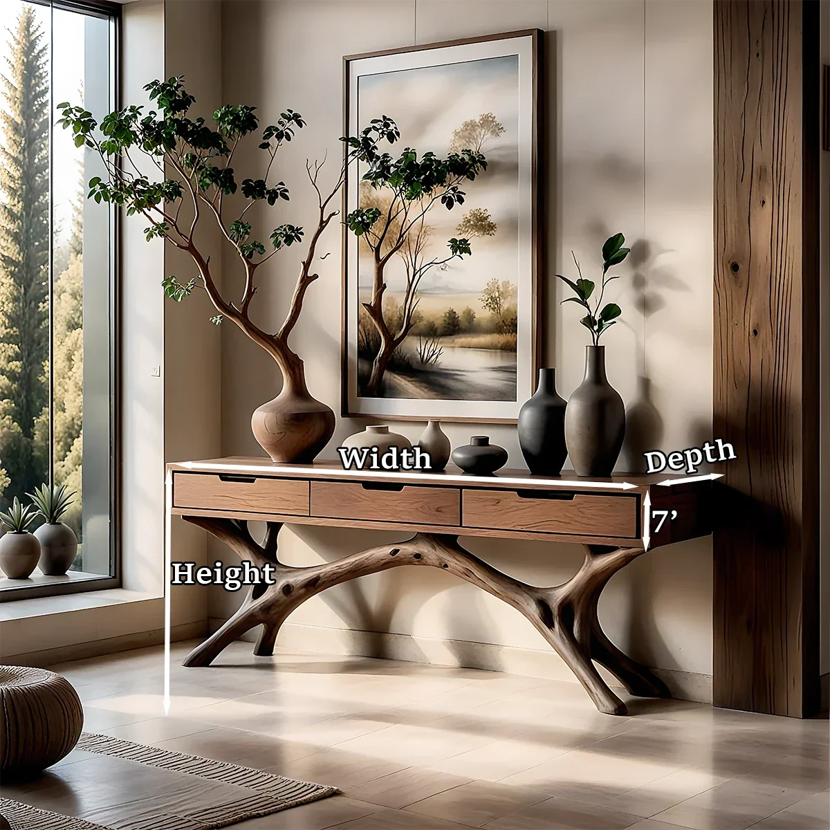Handcrafted console table with branch base and drawers brings balance to this modern hallway