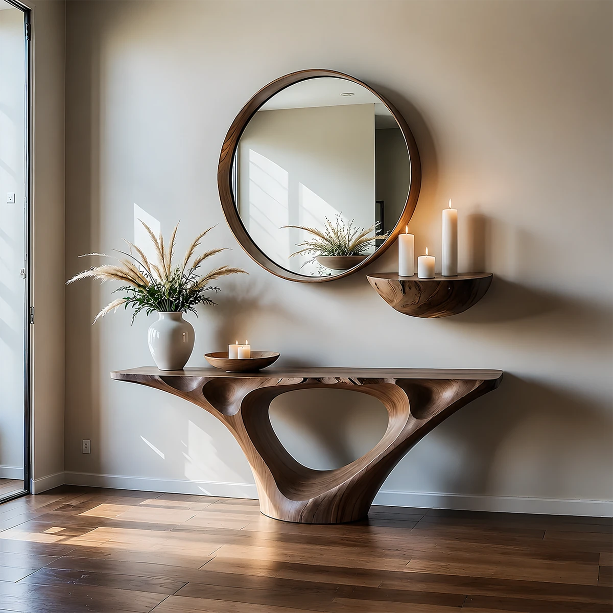 Natural Solid Wood Entryway Console Table Sculptural Hollow Arch Base - ArborisWood - 14