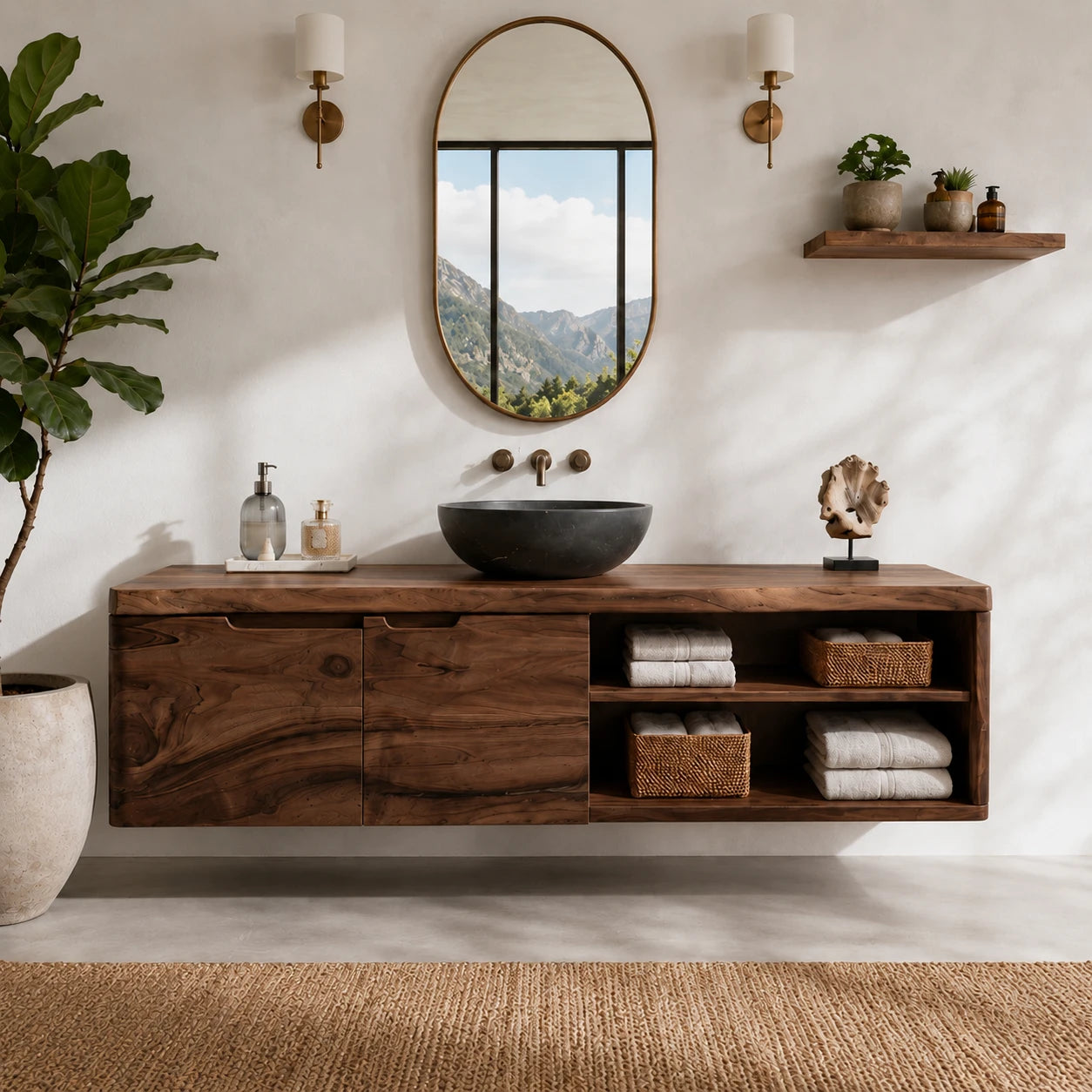 Natural Solid Wood Floating Bathroom Vanity With Two Doors and Shelves - ArborisWood - 13