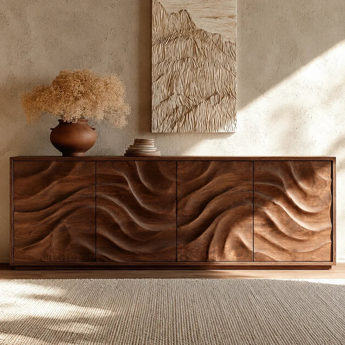 Natural Solid Wood Sideboard with Fluid Carved Doors – Modern Wabi Sabi - Arboriswood - 2