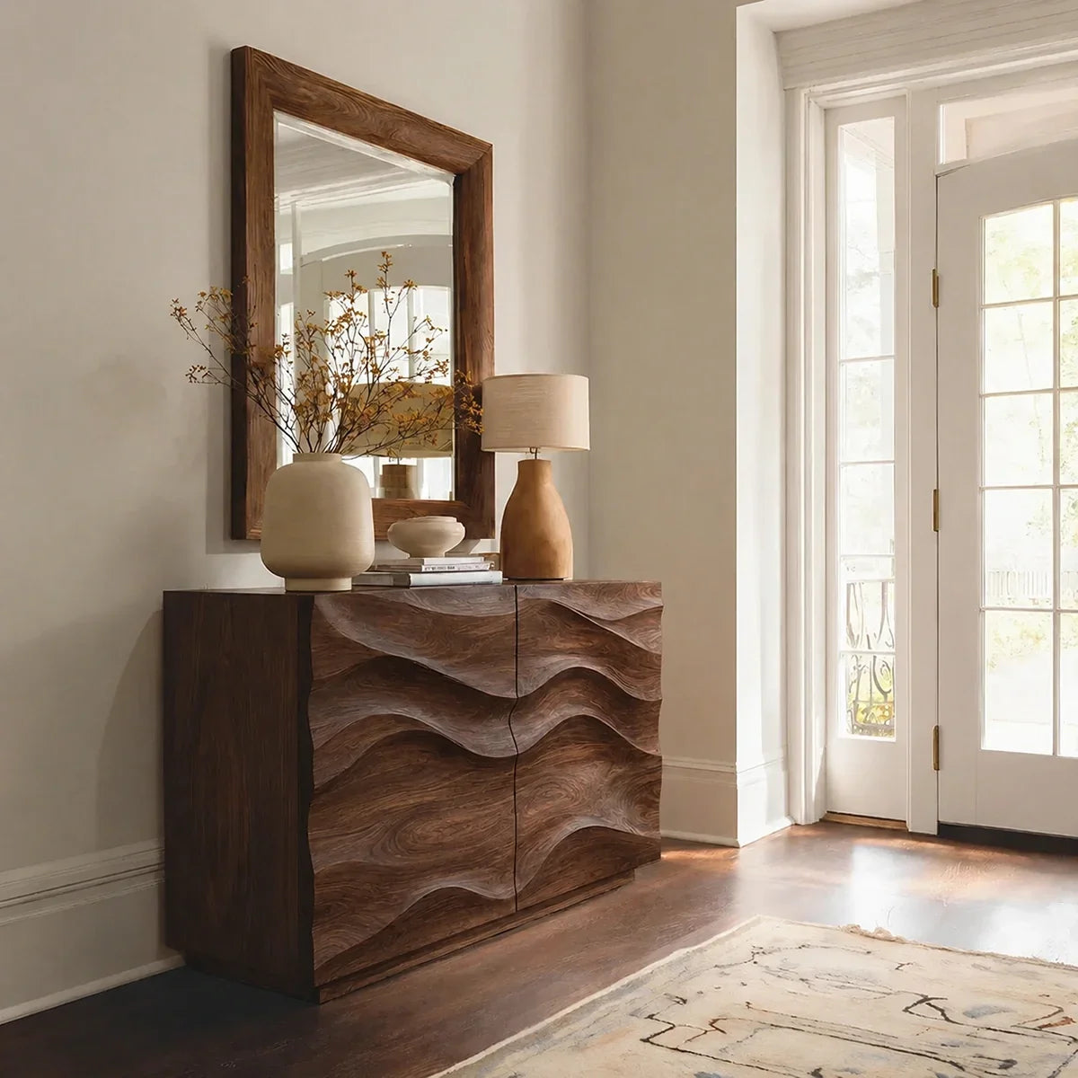 Natural Solid Wood Sideboard with Wave-Carved Cabinet Doors – Minimalist - Arboriswood - 10