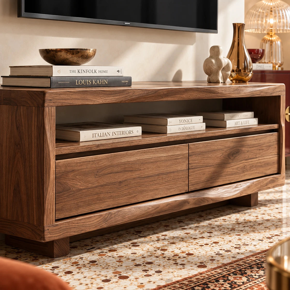 Sleek TV console in natural solid wood with walnut tone finish and drawers below