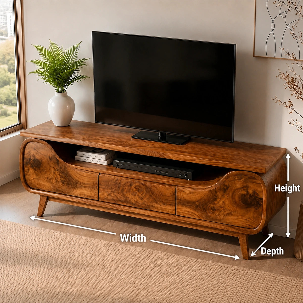Natural Solid Wood TV Stand with Curved Sculptural Base – Japandi - Arboriswood - 6
