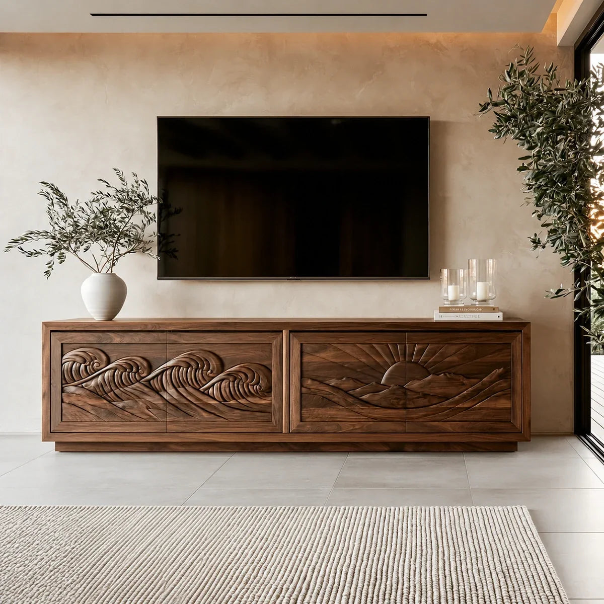 Natural Solid Wood TV Stand with Sculptural Relief Doors – Wabi Sabi - Arboriswood - 7