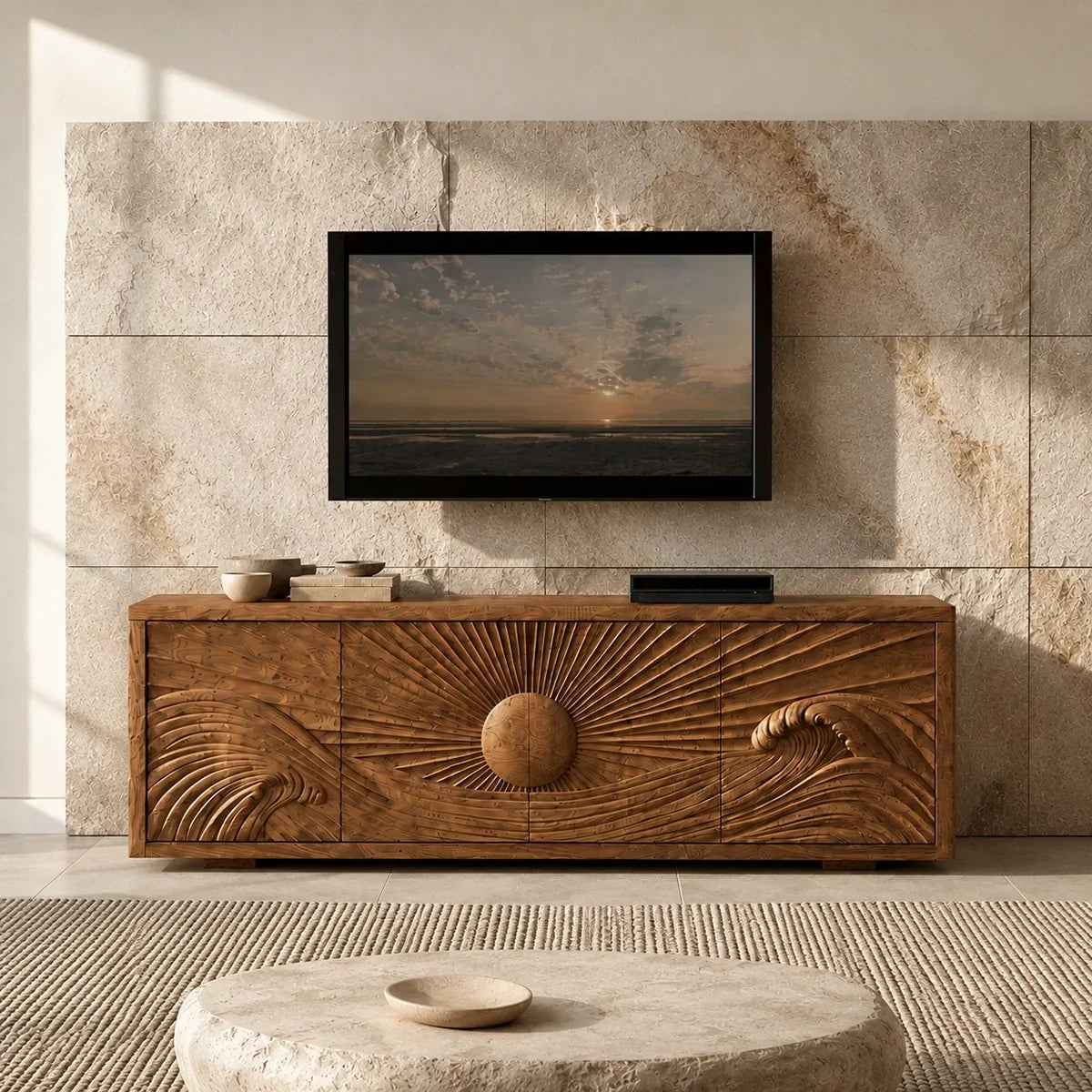 Natural Solid Wood TV Stand with Sculptural Sun Relief Carving – Japandi - Arboriswood - 2