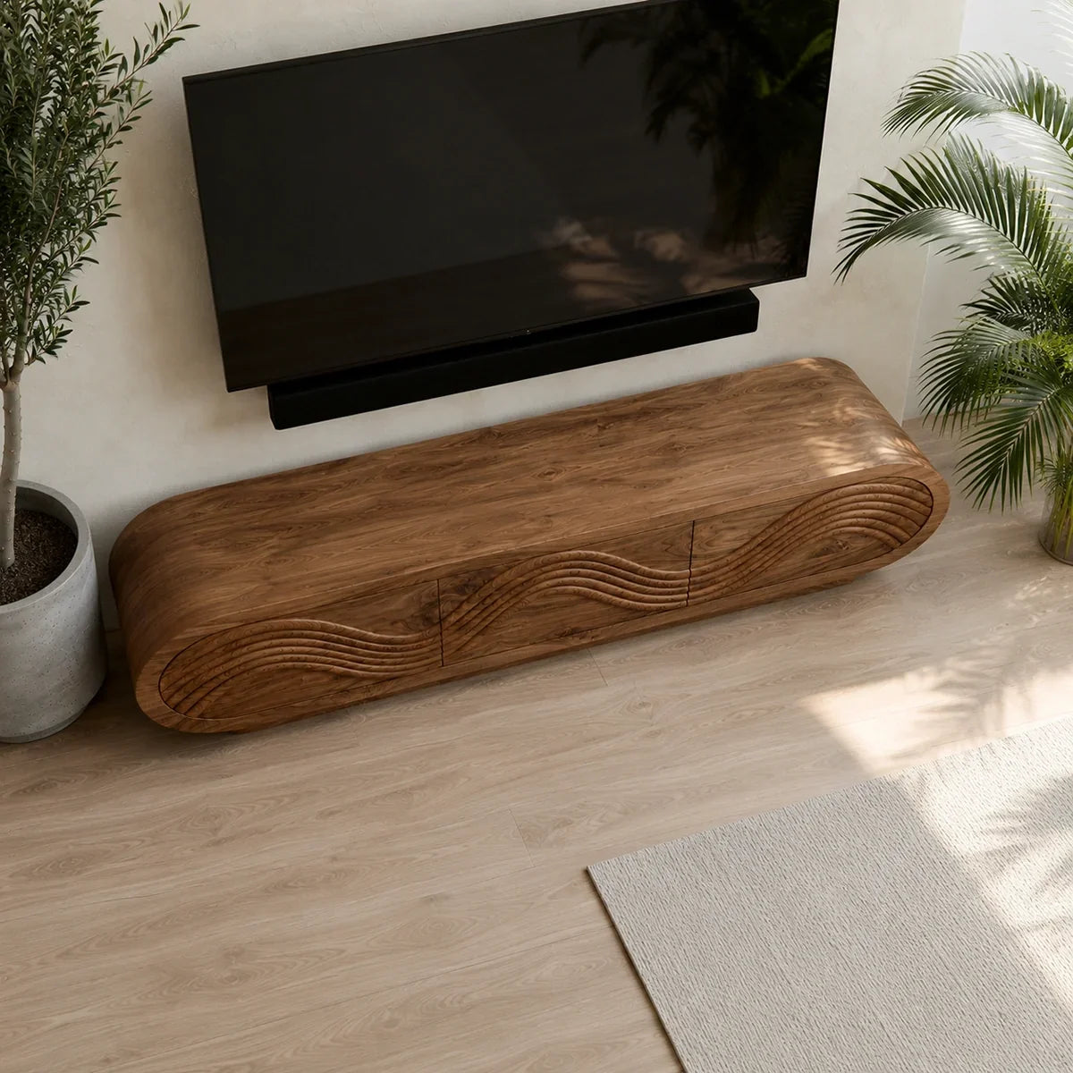 Natural Solid Wood TV Stand with Sculptural Wave Carving – Minimalist - Arboriswood - 3