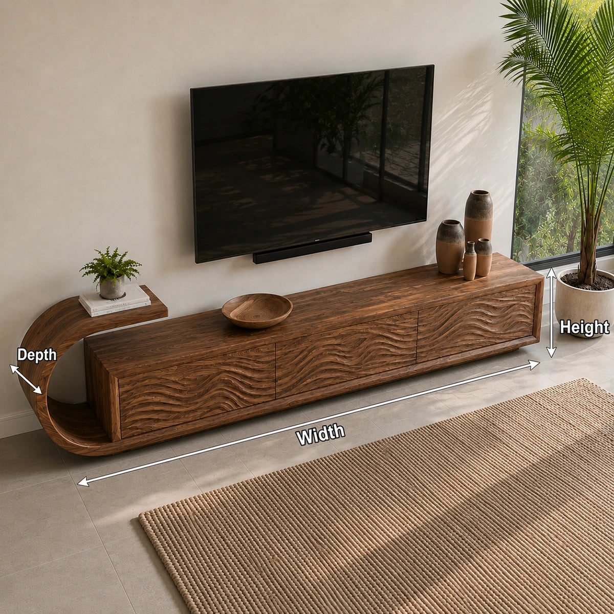 Natural Solid Wood TV Stand with Sculptural Wave Relief Doors – Japandi - Arboriswood - 5