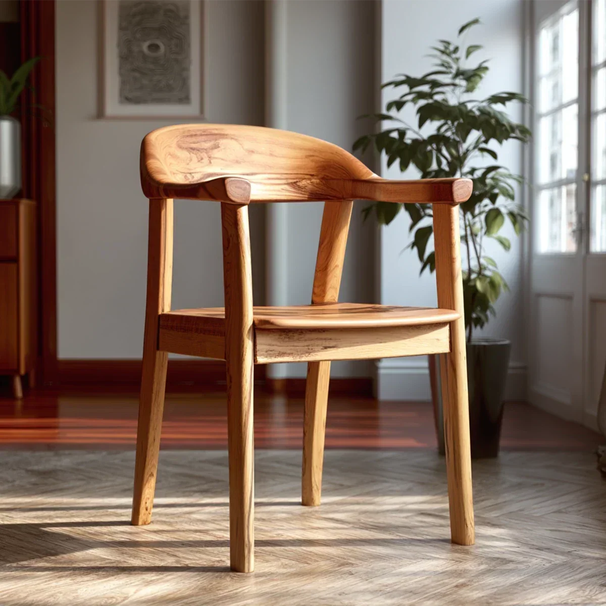 Natural Wood Dining Chair with Curved Back and Armrest for Daily Comfort - ArborisWood