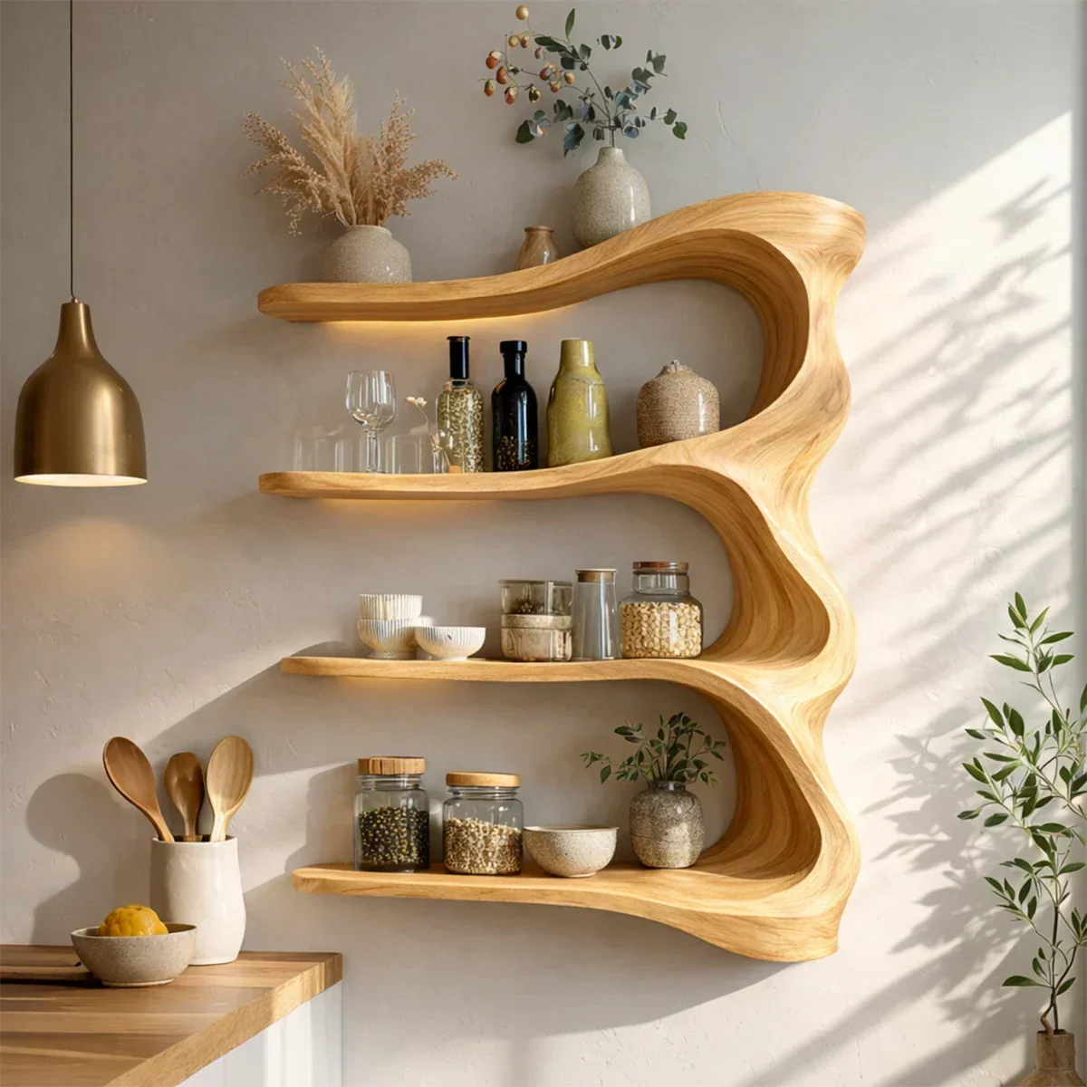 Natural Wood Kitchen Wall Shelf with Sculptural Curves and Open Display Storage - ArborisWood - 6