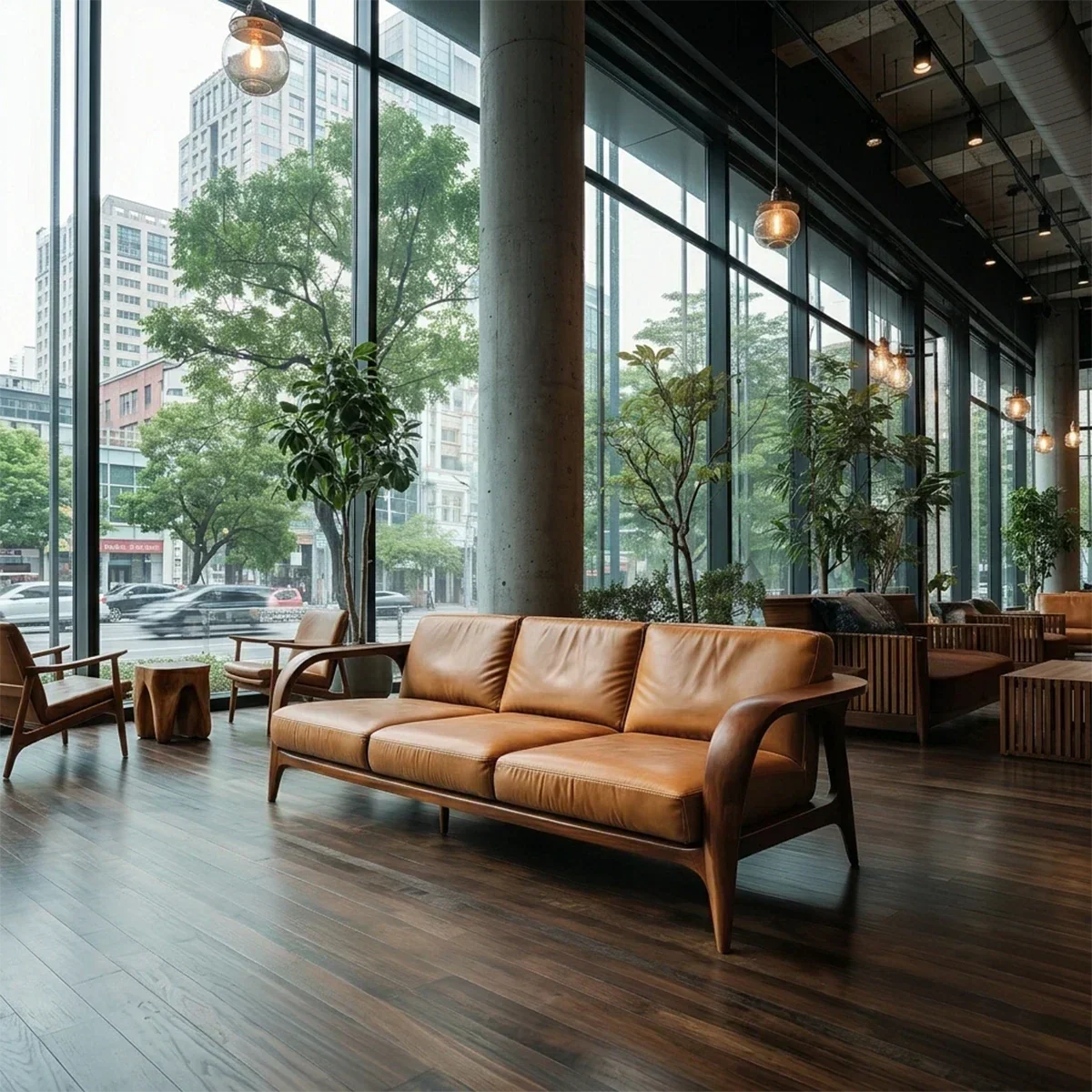 Natural Wood Sofa with Curved Frame and Leather Cushions for Modern Living Spaces - ArborisWood - 2