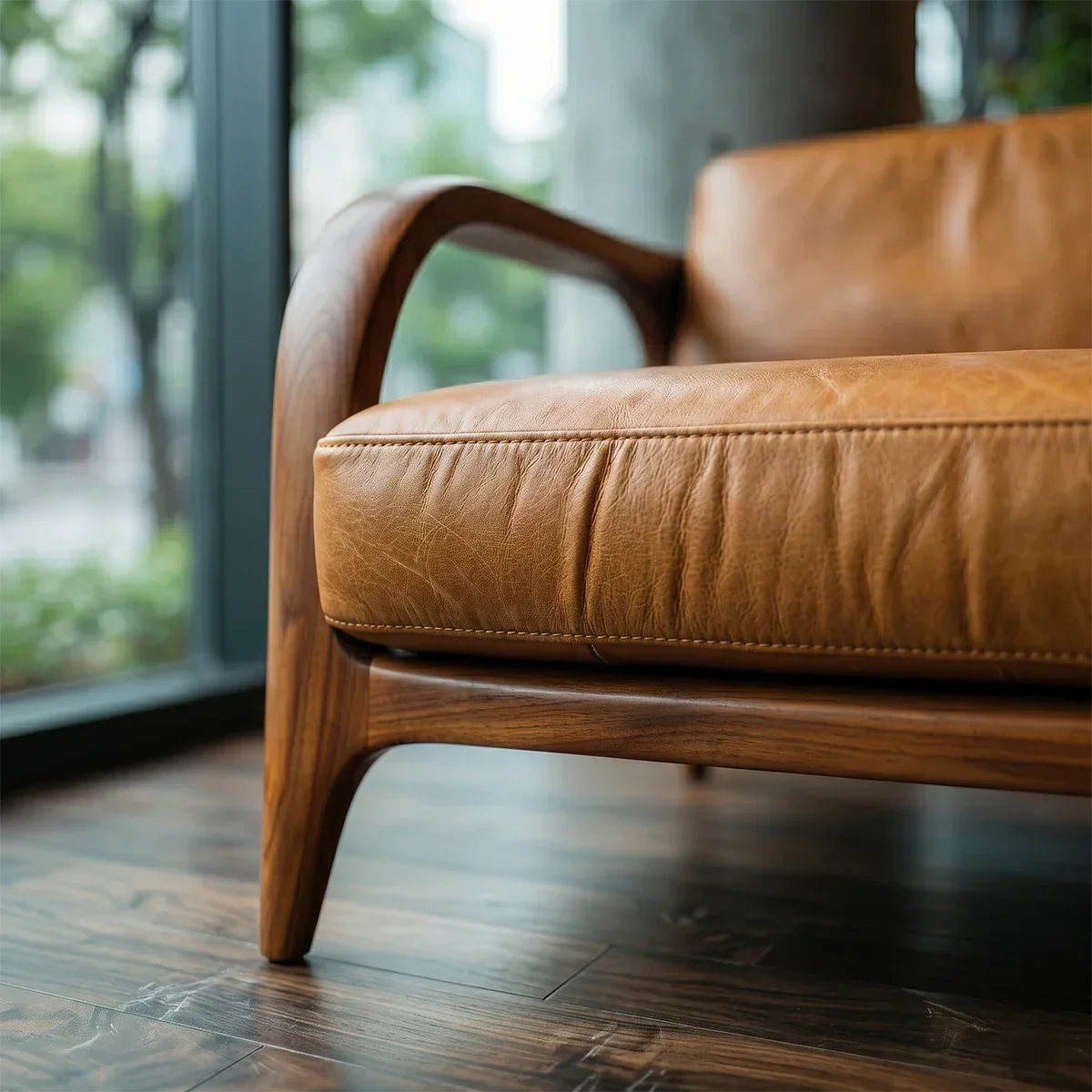 Natural Wood Sofa with Curved Frame and Leather Cushions for Modern Living Spaces - ArborisWood - 3