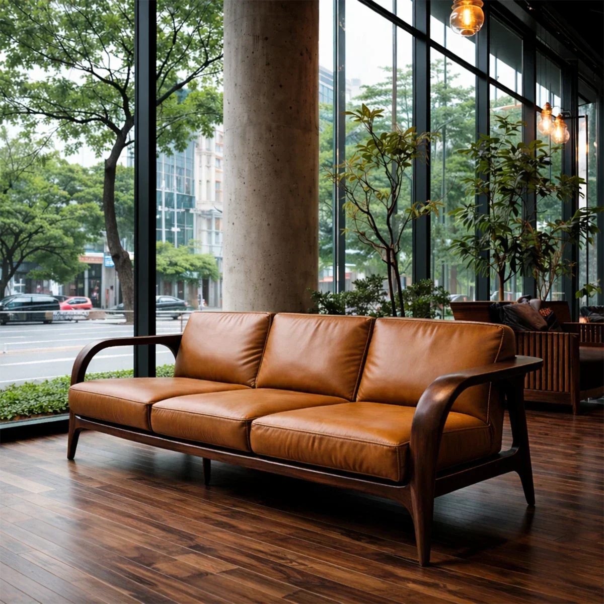Natural Wood Sofa with Curved Frame and Leather Cushions for Modern Living Spaces - ArborisWood - 6