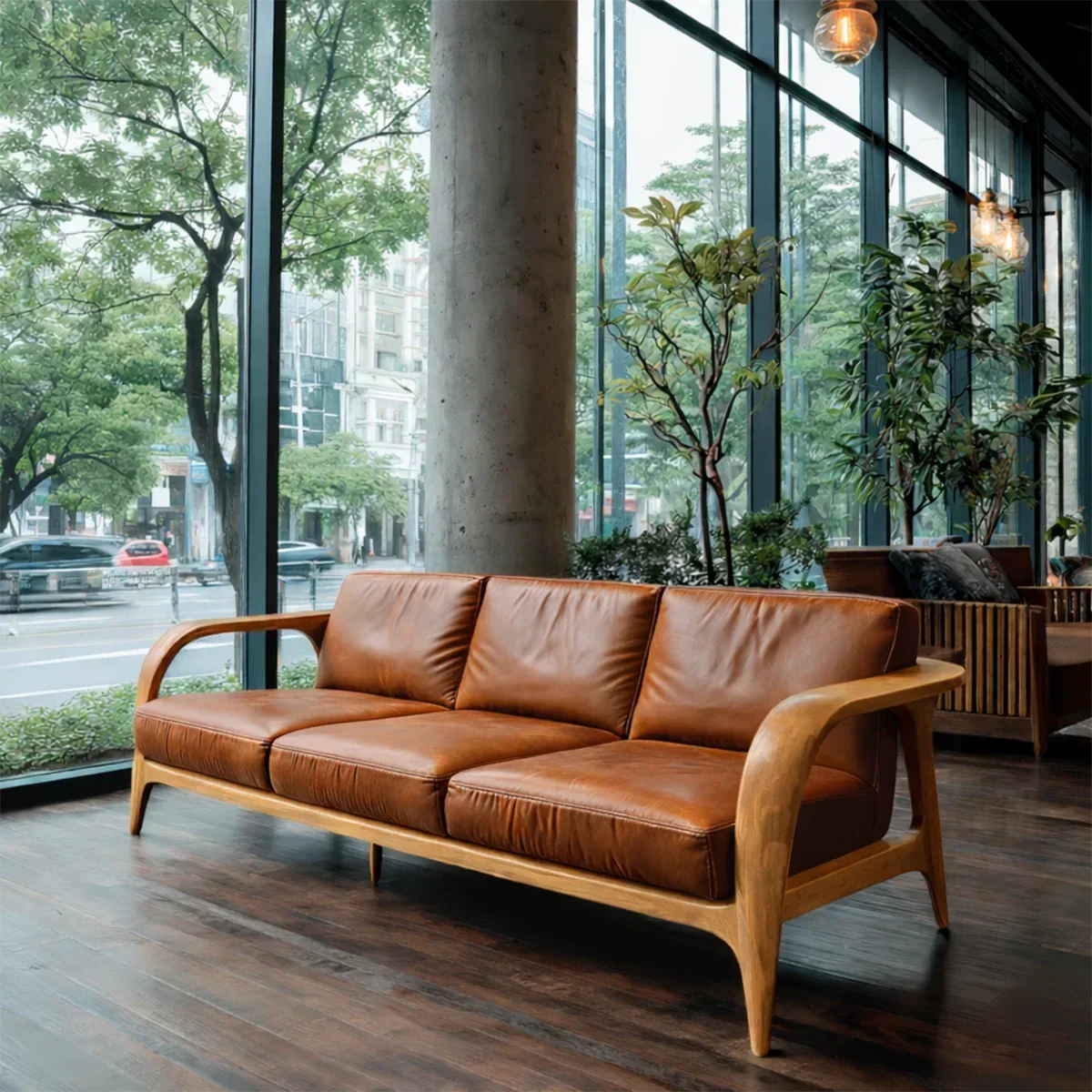 Natural Wood Sofa with Curved Frame and Leather Cushions for Modern Living Spaces - ArborisWood - 7