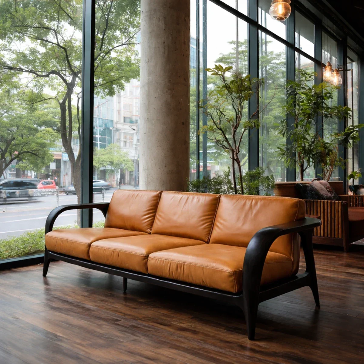 Natural Wood Sofa with Curved Frame and Leather Cushions for Modern Living Spaces - ArborisWood - 8