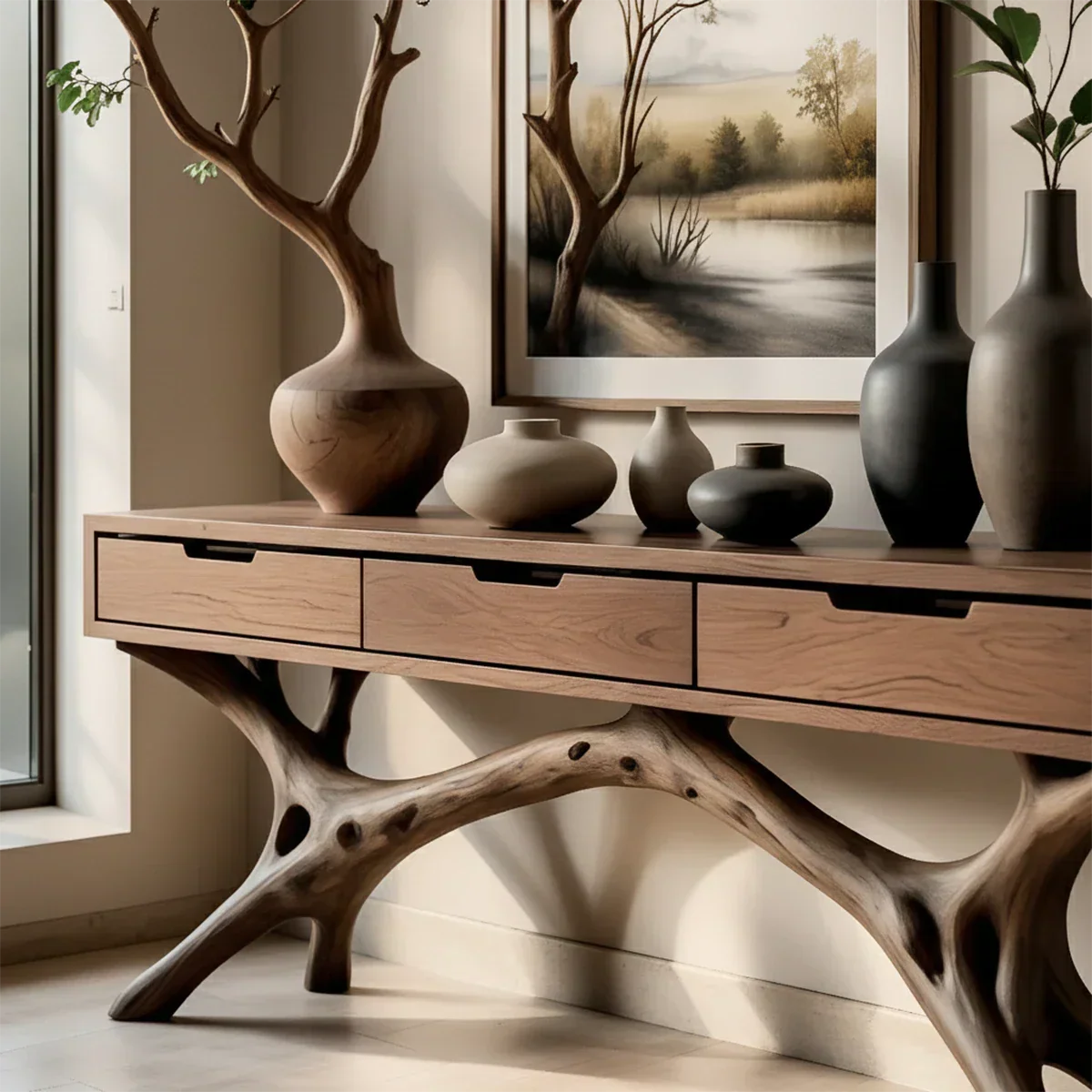 Nature-Inspired Branch Console Table in Natural Solid Wood with Drawers - ArborisWood - 4