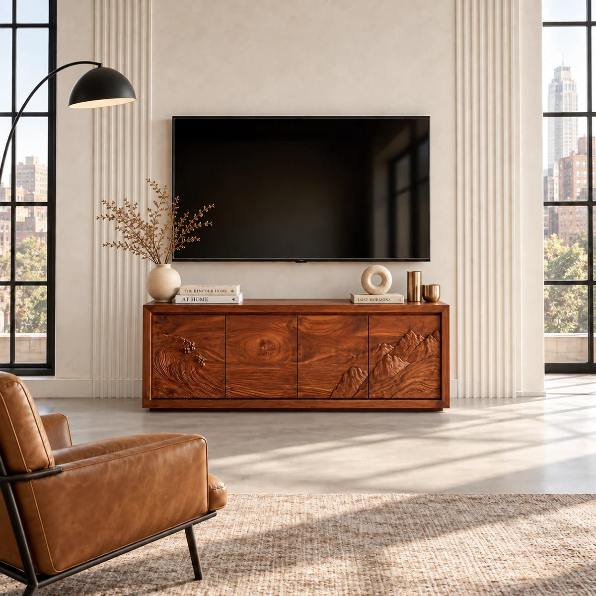 Wide entertainment console in solid wood with relief carving and roomy cabinet storage