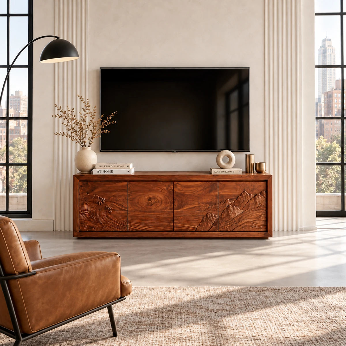 Contemporary TV stand in solid wood with sculptural wave front and mountain artwork