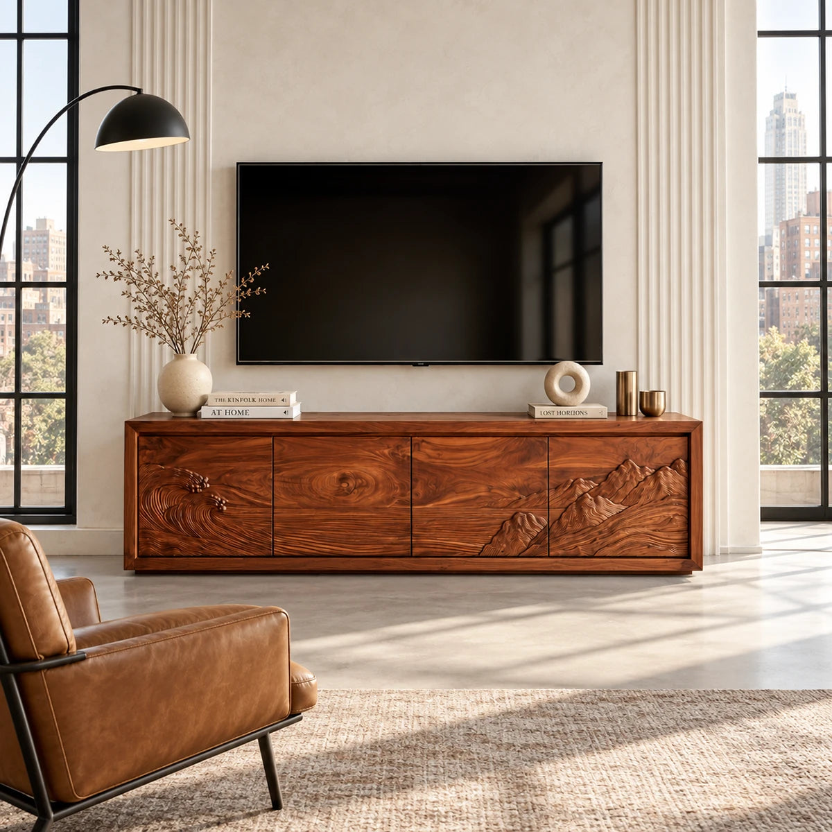 Entertainment center in solid wood with hand-carved ocean waves and mountain details