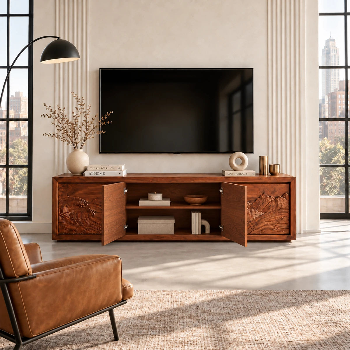 Statement media cabinet in solid wood with artistic wave relief and mountain scenery