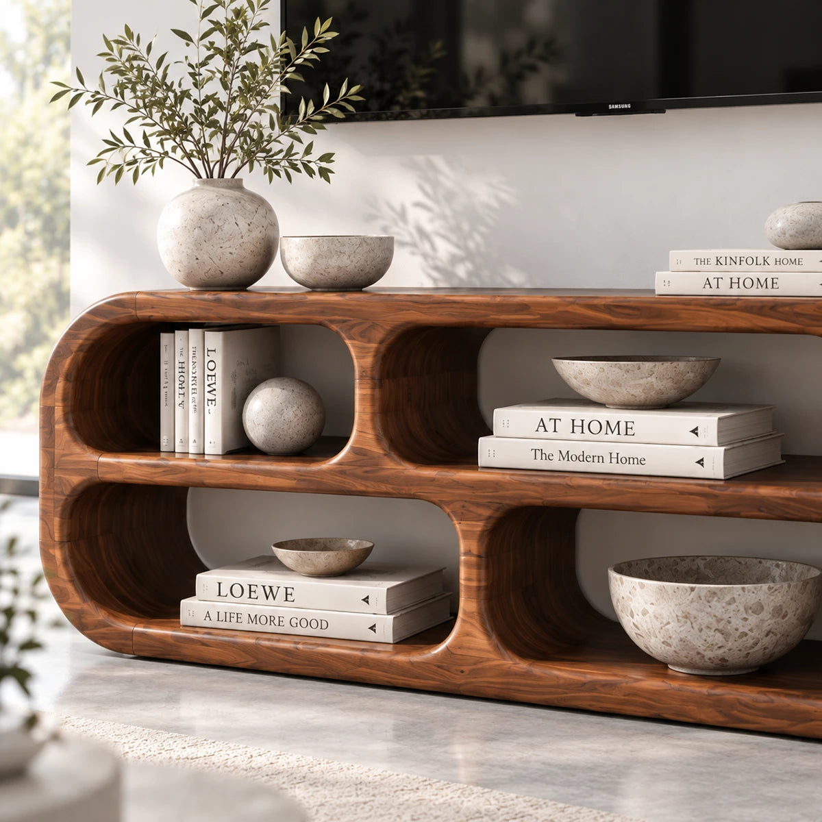Contemporary TV console in solid wood with sculpted corners and airy shelf space