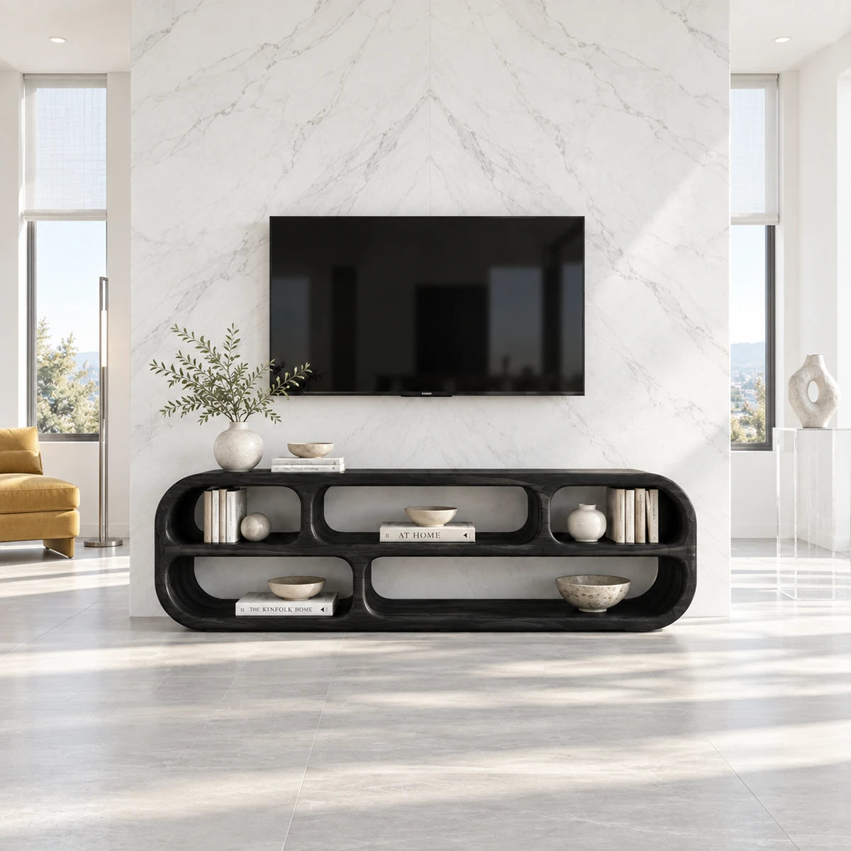 Rounded entertainment unit in solid wood with double-tier shelves and open storage