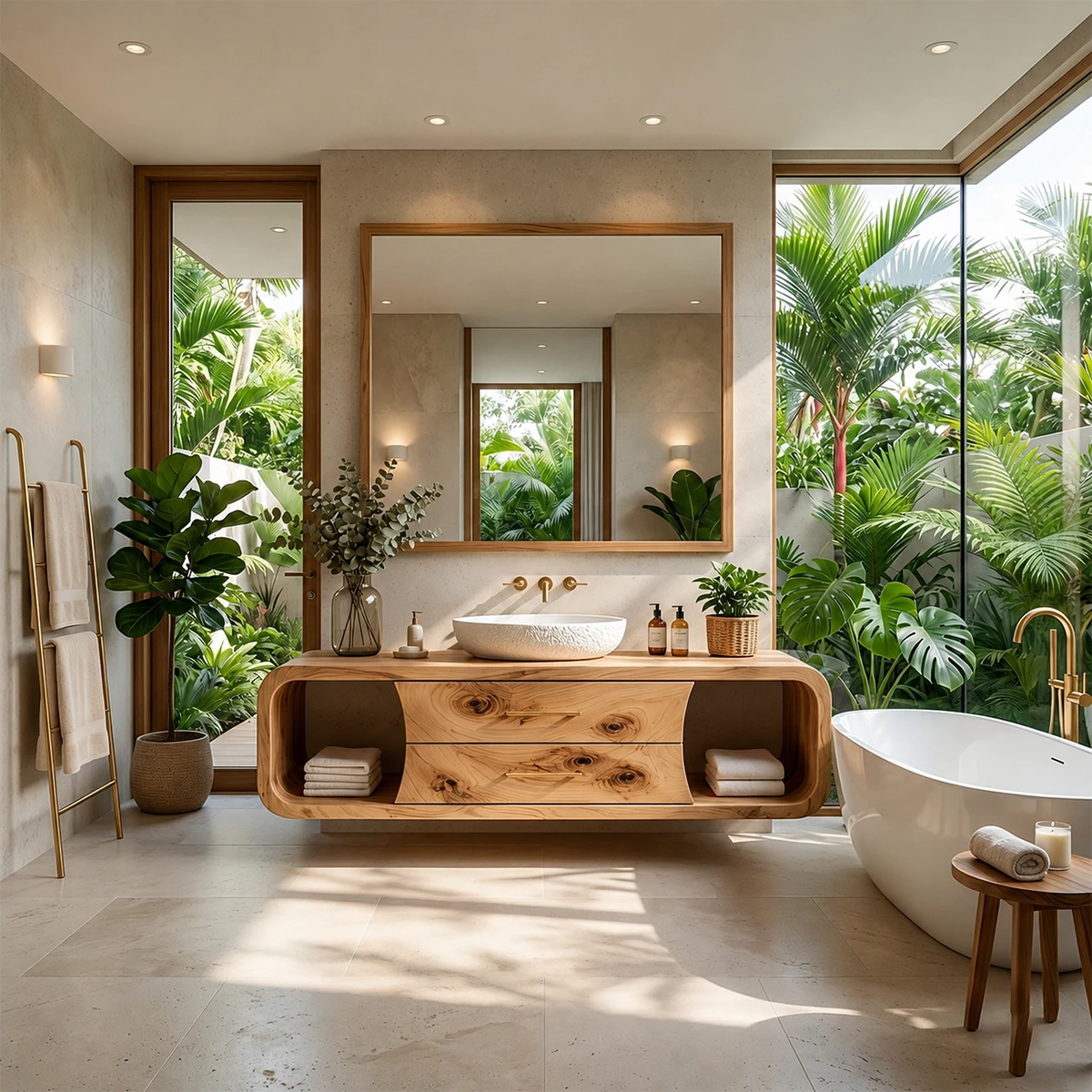 Organic Curved Natural Solid Wood Floating Bathroom Vanity With Storage Drawers