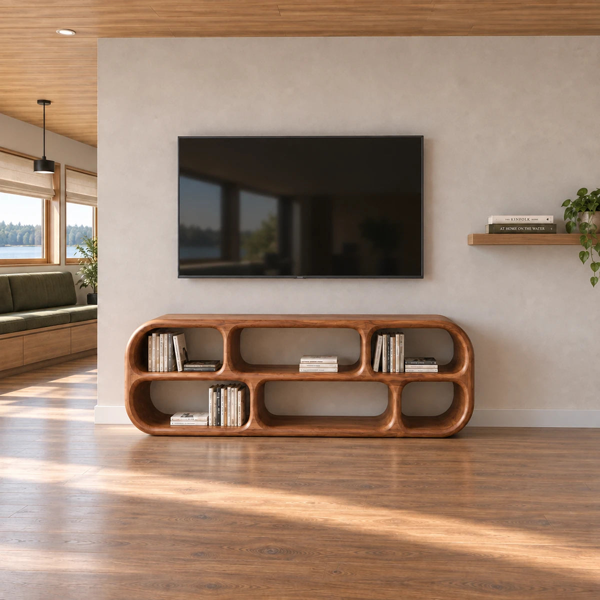 Modern TV bench in natural solid wood with curved edges and roomy shelf storage area