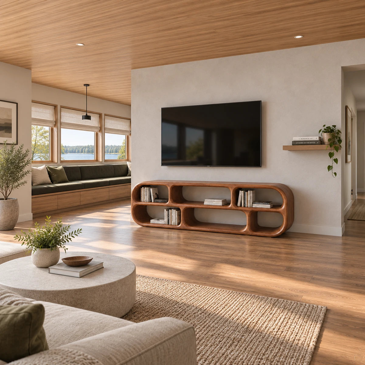 Modern media console in natural solid wood with open shelving and curved corners